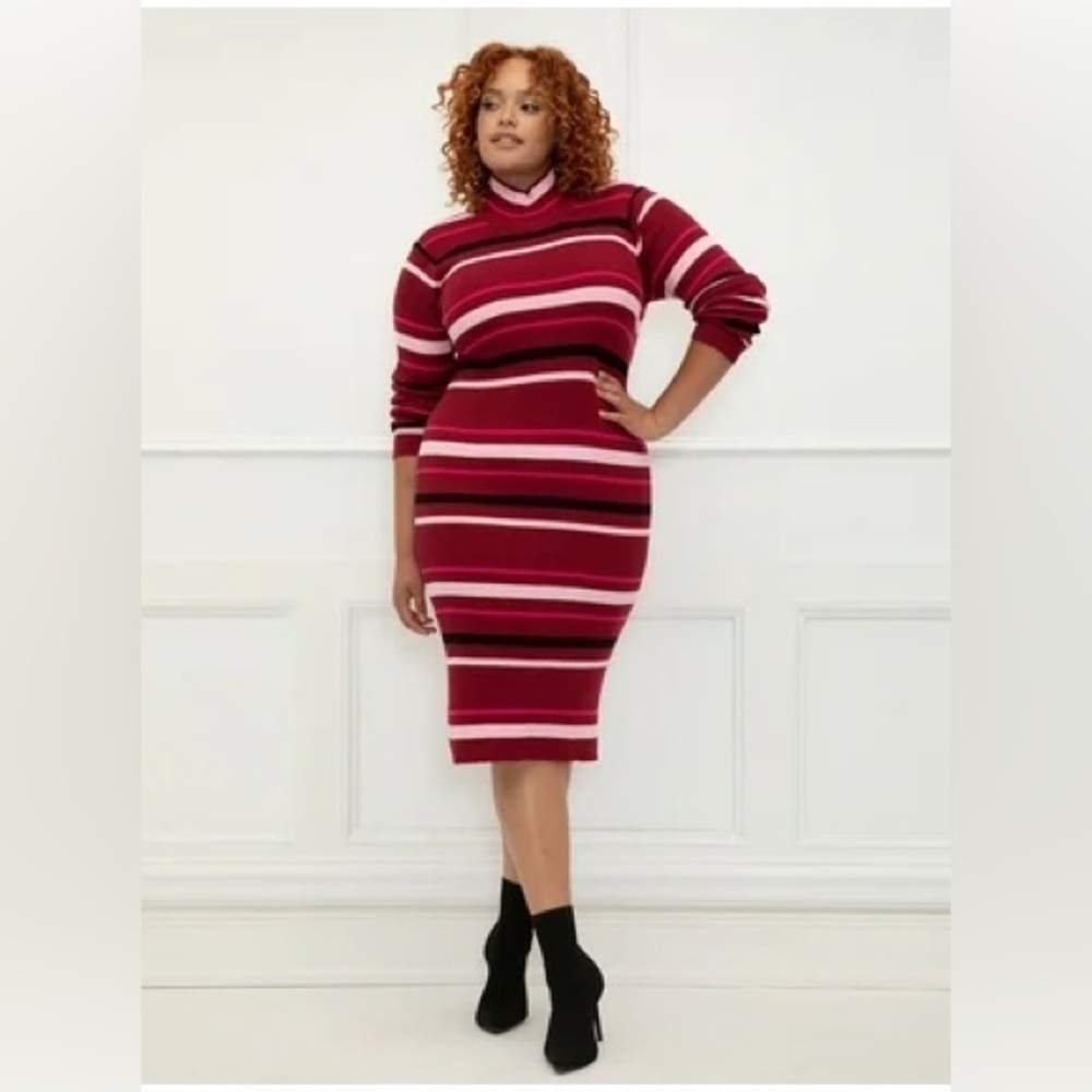 Eloquii Essentials Striped Red Pink Sweater Midi Dress Stretch Comfy Winter